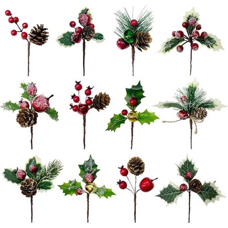 12 Pièces Branches de Sapin Artificielles Avec Baies et Pommes de Pin Décorations pour Sapin et Guirlande de Noël (1/5)