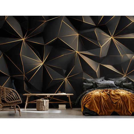 Fototapete Abstrakt Schwarz Gold 3D-Optik, für Wohnzimmer und Schlafzimmer, 250 x 175 cm – Komplettset inkl. Kleister & Anleitung (1/5)