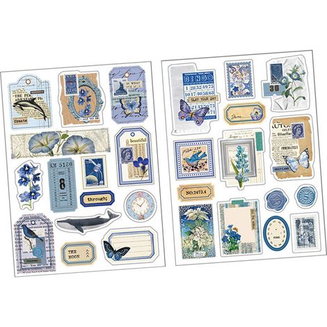 2 feuilles d'autocollants vintage pour agenda, scrapbooking et ordinateur portable, style vintage, adhésif puissant, bleus. (1/5)