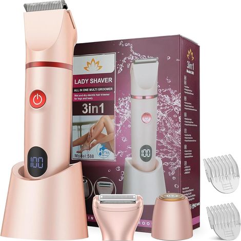3 in 1 Rasoir Electrique Femme, Tondeuse Intime, IPX7 Étanche Rasoir Femme, utilisation humide et sèche pour le visage, les aisselles, les jambes (Rose) (1/5)
