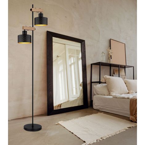 Stehlampe Stehleuchte höhenverstellbar Wohnzimmerlampe Holzoptik schwarz gold, Metall MDF, 2x E27, LxH 44x168 cm