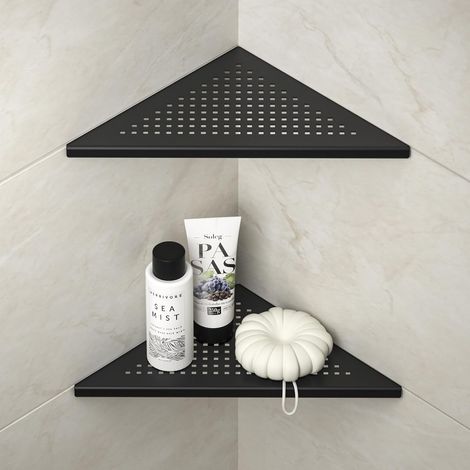 Lot de 2 Étagère d'angle, Acier inoxydable 304, Sans perçage, Noir, Pour salle de bain (1/5)
