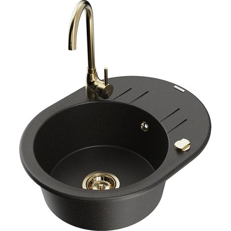 Mexen Kevin lavello in granito a 1 vasca con scolapiatti e rubinetto da cucina Telma, nero/oro metallizzato - 6517-75-670200-50 (1/5)