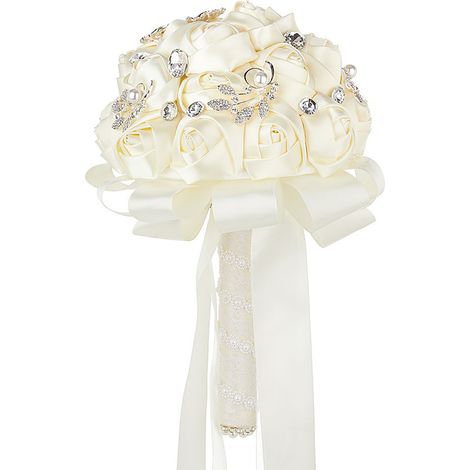 [Blanc cassé] Bouquets de mariée européens et américains populaires avec perles, strass argentés, bouquets de mariée, bouquets de roses avec ruban pour les demoiselles d'honneur (1/2)