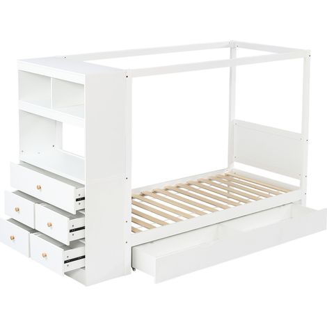 Cama infantil 90x200 cm con barreras y almacenamiento integrado, blanca (1/5)