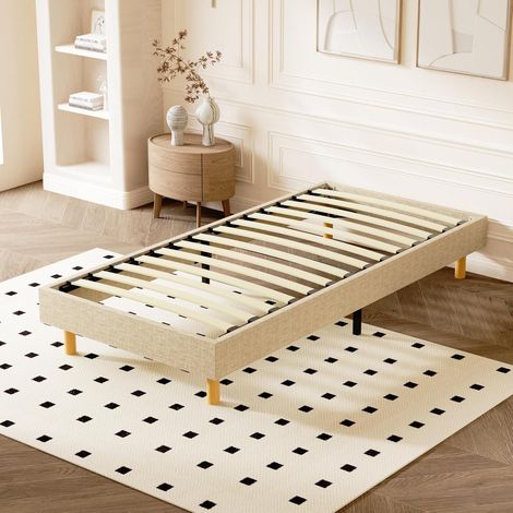 Sommier Tapissier 90x190 cm DEWINNER, avec 6 Pieds, 1x14 Lattes, Cadre de Lit Pour Deux Places, Hauteur du Cadre de Lit 29 cm, Solide et Confortable, Beige