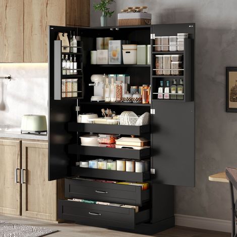 VVBV Armoire de cuisine 80 x 37.5 x 180 cm, tiroirs, MDF, noir, pour cuisine et salle à manger