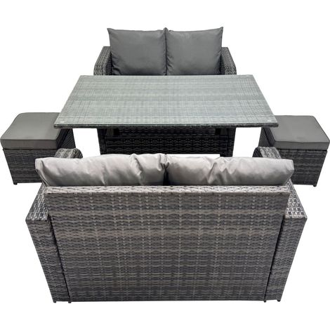 Fimous 6 Sitzer Dunkelgrau gemischt Polyrattan Gartenmöbel-Set Liebe Sofa 2 Sitzer Sofa Set Outdoor Rechteckiger Esstisch mit 2 Hockern