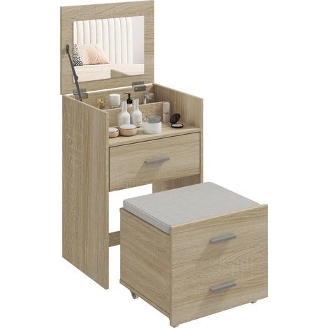 Coiffeuse avec miroir rabattable tiroirs et tabouret Bois et tissu effet lin Couleur bois