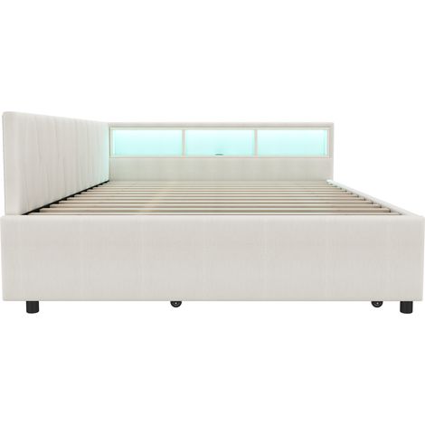 Cama de día extensible 140 x 200 cm de lino y MDF beige con almacenaje, USB Tipo C y LED (1/5)