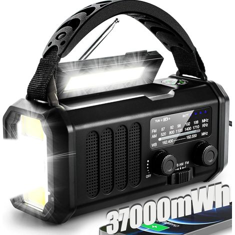 Radio D'Urgence À Manivelle - Radio Météo NOAA AM FM Avec Panneau Solaire - Lampe Torche 3 Modes Et Lampe De Lecture - Chargeur USB - 10000 mAh - Noir (1/5)