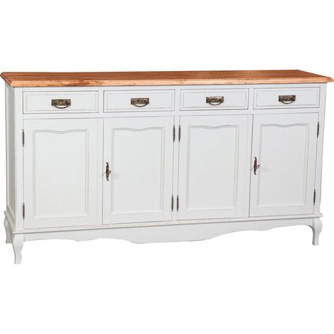 Biscottini – Buffet campagnard en bois massif de tilleul – Structure antique blanche – Dimensions L170xPR42xH92 cm – Quatre étagères et tiroirs en laiton