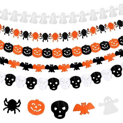 Guirlande Halloween - Décoration en papier avec citrouilles chauves-souris araignées et fantômes - 3 m - Noir Orange Blanc - Lot de 5 (1/5)