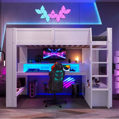 MEUBLIV Hochbett 90x200 cm weiß – Schreibtisch, LED 16 Farben, ohne Matratze (1/5)