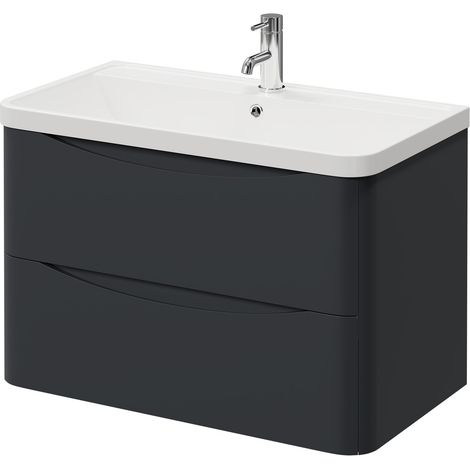 Vela Satin Anthracite 800mm Wall Mounted 2 Drawer Vanity Unit with Leni Basin