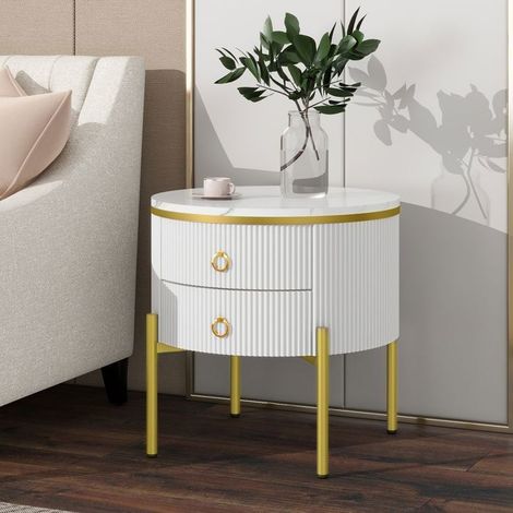 Table basse - WESTYLE - Modèle Élégance - Plateau marbre blanc - 2 tiroirs structurés - Pieds dorés réglables (1/5)