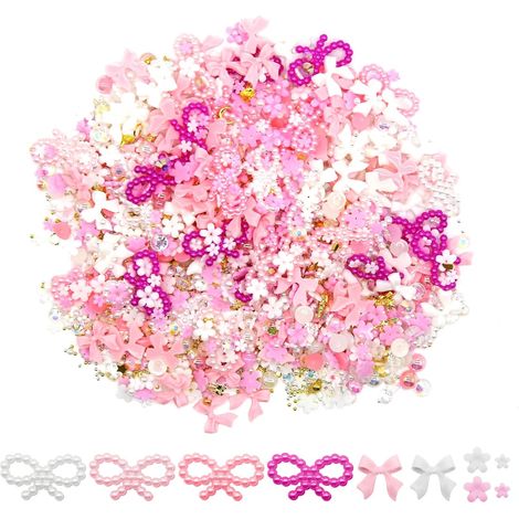 2000 pièces de décorations et de strass pour ongles, assortiment de breloques 3D roses en résine à dos plat avec fleurs, cœurs, nœuds et perles, idéales pour le nail art, les accessoires de bricolage (1/5)