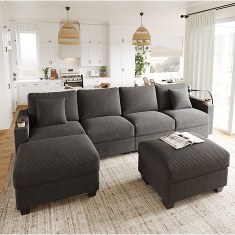 Divano modulare a U 5-6 posti in velluto a coste grigio, con funzione letto OKMYHOME (1/5)