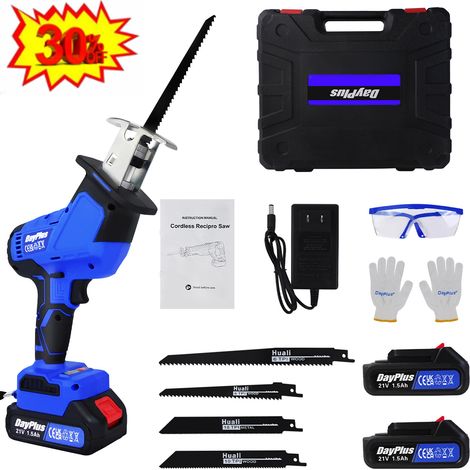 Scie alternative sans fil 21v, scie électrique sans fil avec 2x batterie de 1,5 ah pour coupe d'arbre de tuyau en PVC de bois métallique, 4 lames
