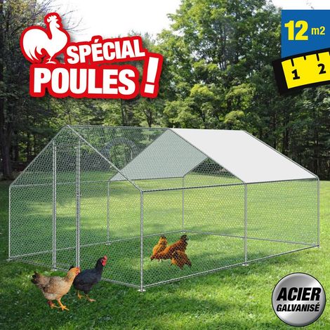 Enclos poulailler 12 m² en acier galvanisé – Grillage 2m de hauteur – Bâche waterproof anti-UV – Pour 10 à 12 poules – Outiror
