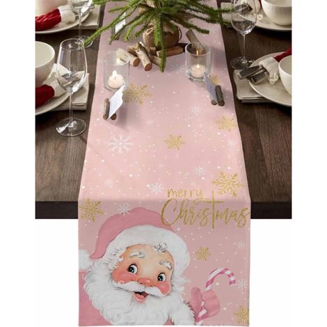 40 x 140 cm, Chemin de table Joyeux Noël avec Père Noël amusant sur une commode rose, décorations de fête hivernales intérieures et extérieures (1/5)