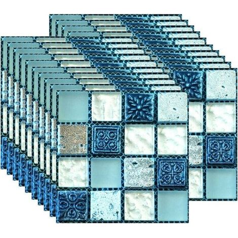 Dpzo – 20er-Pack Fliesenaufkleber 10 x 10 cm – Hitzebeständig und wasserfest – Für Küche und Bad – Blaues Mosaik (1/4)
