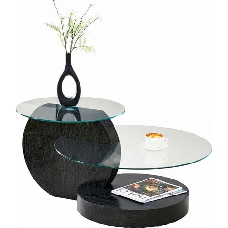ELVMI Table basse ronde avec 2 plateaux, verre de sécurité et pieds antidérapants, pour salon, 78.5×78.5×24.5 cm (1/5)