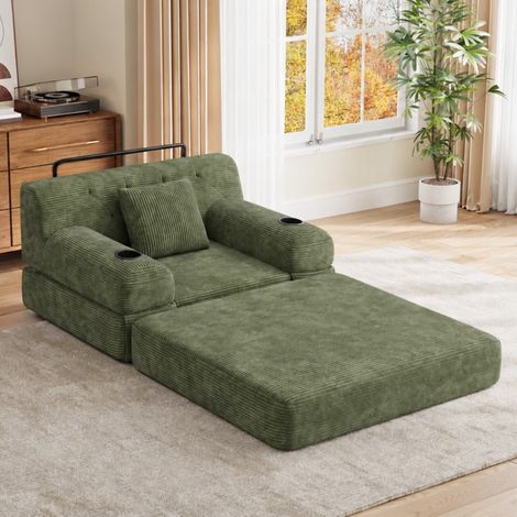 Divano letto singolo verde in velluto a coste, schienale alto, telaio metallico, 2 portabicchieri (1/5)