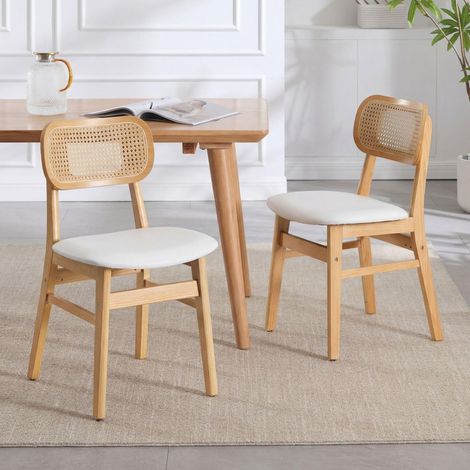 Wahson Juego de 2 Sillas de Comedor de Madera con Asiento Tapizado y Respaldo de Ratán, Sillas Modernas para Cocina y Salón, Blanco
