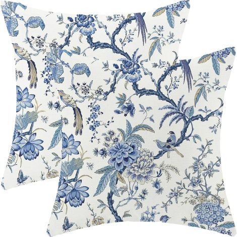 Lot de 2 Housses de Coussin décoratives Vintage en Lin pour extérieur, canapé, Sofa, Maison – Motif Printemps et Fleurs Bleues – 50 x 50 cm (1/5)