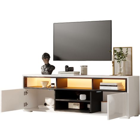 Armoire de rangement meuble TV blanc avec bandeau LED RGB pilotable par Bluetooth dimensions 150×35×50cm 2 portes et niches ouvertes pour salon moderne (1/5)