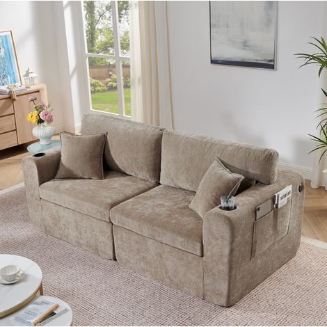 2-Sitzer Relaxsofa aus Chenille in Braun mit Becherhaltern, Seitentasche und Kissen (1/5)