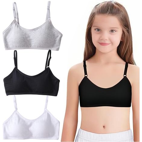 3 Pack Girls' Bra,Bustier Mädchen,Cotton Sports Bra Sport BH,Training Bras Underwear and Adjustable Strap Girls Crop Top for Kids 8-14 Years,Teenager Mädchen Geschenke(Noir,Blanc,Gris) (1/5)