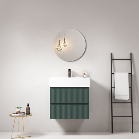 Mobile bagno sospeso cannettato 60 cm Verde Comodoro Lavabo in Resina Specchio Tondo - Fiji Paint
