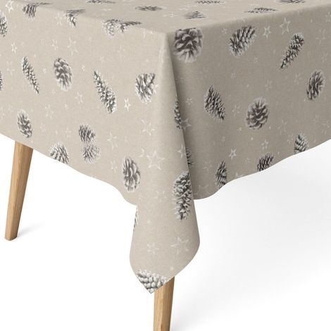 Nappe de Noël Tissu Anti-Taches Ronde 140 cm Pommes de pin Gris (1/5)
