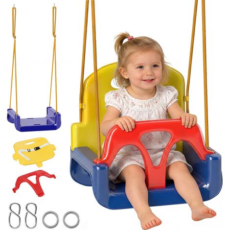 Balançoire siège 3 en 1 - Outsunny - évolutif enfant dossier barre t amovibles 9-36 mois hauteur ajustable - plastique - multicolour (1/5)