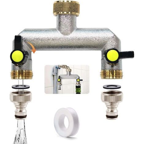 2-Wege-Wasserverteiler (3/4"), Wasseranschlussverteiler mit 1/2"-Adapter, Wasserhahnverteiler, Wasserverteiler mit Kugelventil, Gartenschlauchverteiler (1/5)