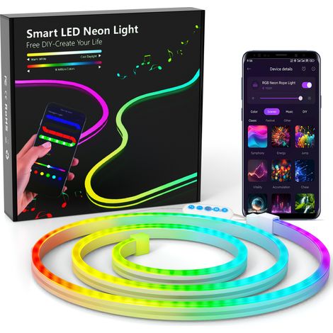 Neon-LED-Streifen 1 m, RGB-LED-Streifen mit APP-Steuerung, flexibler wasserdichter, zuschneidbarer LED-Lichtstreifen mit Musiksynchronisation für die Inneneinrichtung