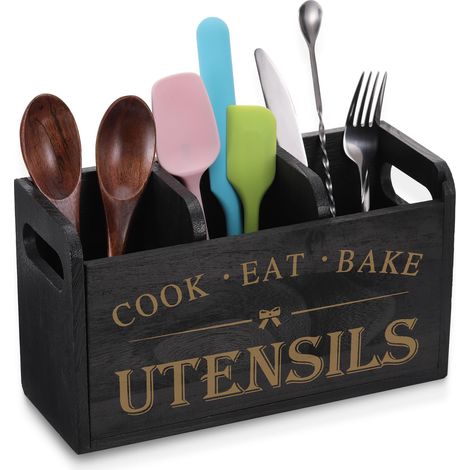 Porte-ustensiles de cuisine en bois noir, organisateur 3 compartiments avec fond drainant, range-couverts de ferme