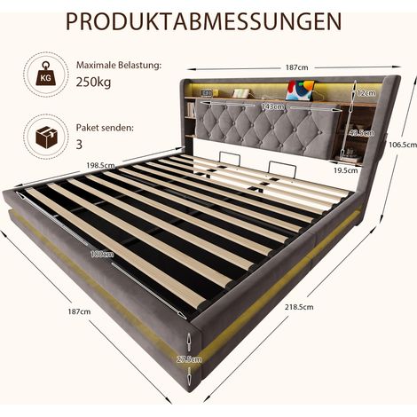 Cama tapizada de 180 × 200 cm con almacenamiento, cama de terciopelo con cabecero multifuncional, iluminación LED, 2 puertos USB y Tipo-C, sistema hidráulico, somier de láminas y estantes abiertos, co (1/5)
