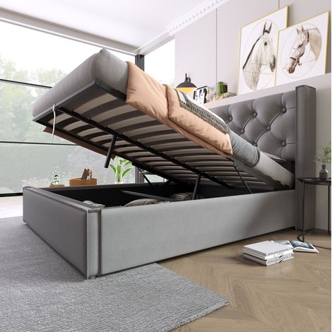 Bett Doppelbett Grau 160x200 cm mit Bettkasten und gepolstertem Kopfteil