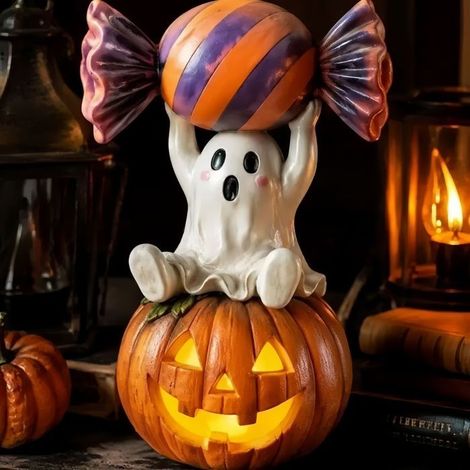 Figurine fantôme Halloween résine - Tient un bonbon - Déco de table - Accessoire original - Sucrerie (1/3)
