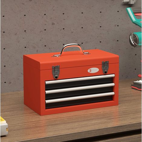 Cassetta portautensili 45x24x27 cm, 3 cassetti e vano superiore, maniglia, 2 chiusure, acciaio rosso (1/5)
