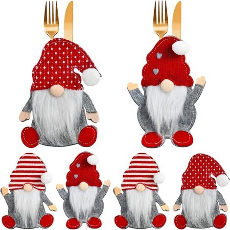 Porte Couverts de Noël, 6 Pièces Porte Couverts en Feutre de Noël, Père Noël Sac à Couverts pour Couteaux, Fourchettes et Cuillères, Décoration de Table Noel Deco (1/5)