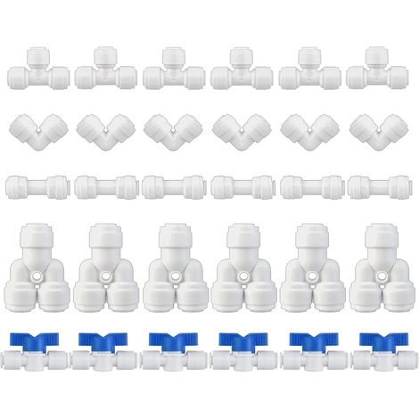 30 x Reverse Osmosis Tube Water Filter Fittings, Refrigerator Pipe 1/4" (Y Type + T Type + I Type + L Type + Stop Valve) (1/5)