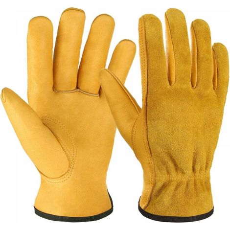 Gants de travail en cuir, jaunes, taille L, longueur 19 cm, 1 paire, gants de jardin adaptés à la coupe du bois. (1/5)