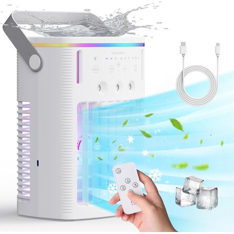 Rafraîchisseur d'air par évaporation - Climatiseur portable - Rafraîchisseur portable avec télécommande - Convient pour les chambres, les bureaux et le camping - Blanc - 18 x 13 x 25 cm (1/5)