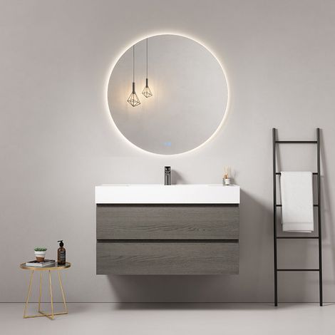 Mobile bagno sospeso 100 cm Grey Lavabo in Resina Specchio Tondo Retroilluminato - Fiji Wood