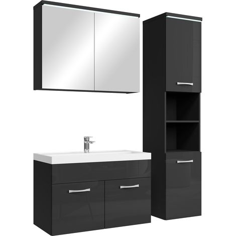 Badezimmer Badmöbel-Set Paso LED 80cm Waschbecken Hochglanz Schw (1/5)