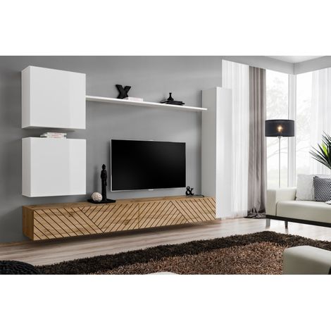 Ensemble de 6 meubles muraux "Switch VIII " pour TV en bois - Blanc et Beige - L 340 x H 150 x P 40 cm - Livraison gratuite